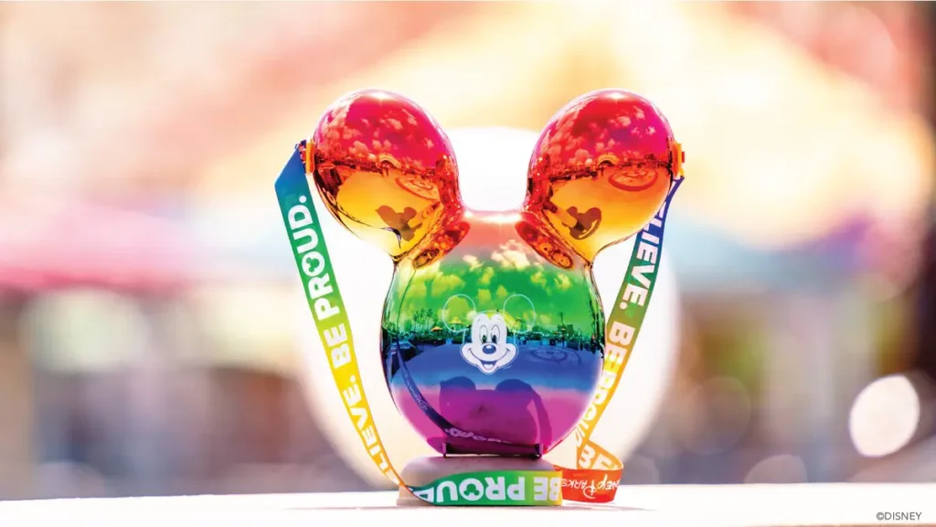 2023 pride popcorn bucket featuring rainbow mickey mouse ballon style bucket