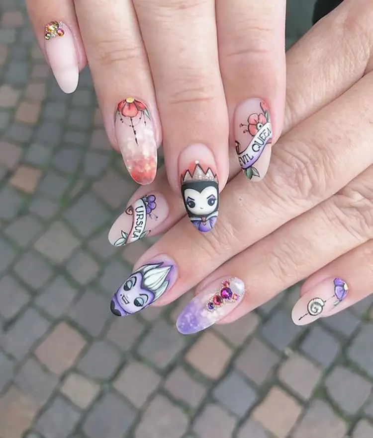 Cute tattoo style Disney Halloween nails