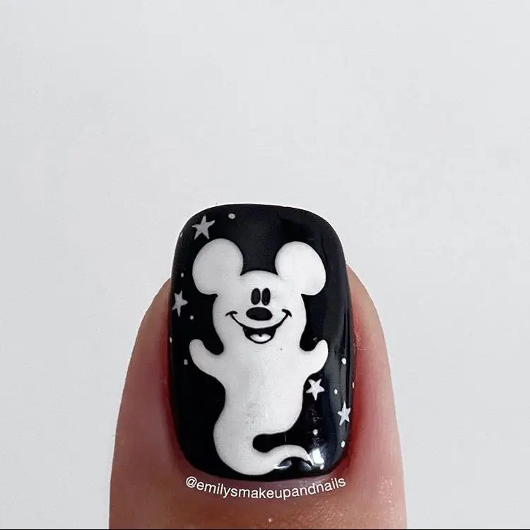 Black and white Mickey ghost nail design