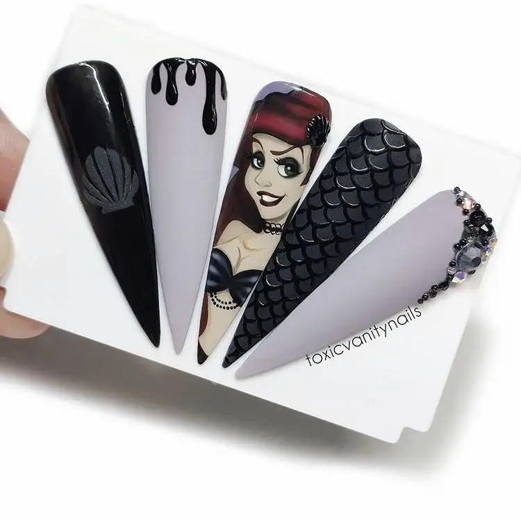 Goth Ariel from The Little Mermaid nail art for Halloween