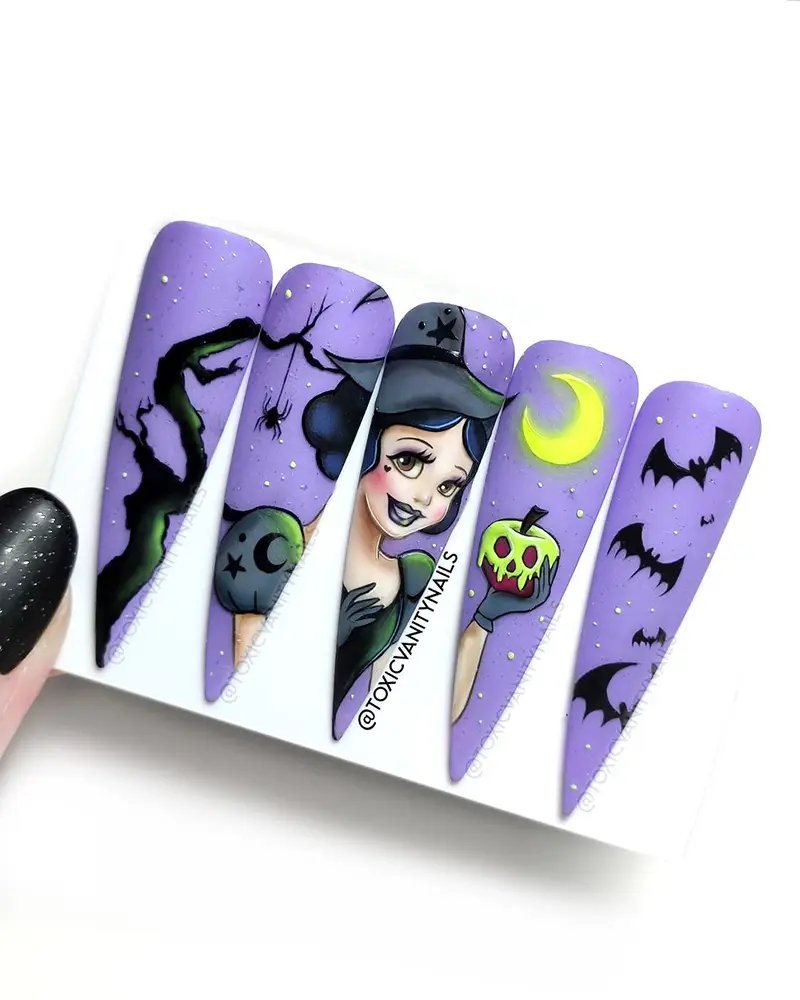 Snow White as a witch nail art for Halloween