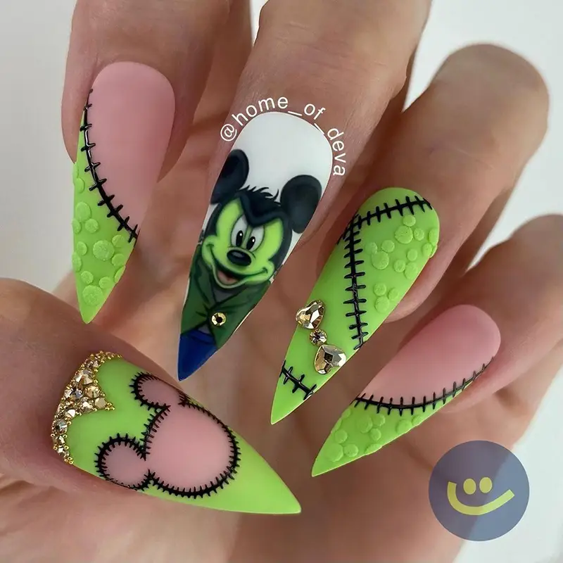 Frankenstein Mickey Mouse nail design