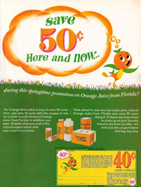 Vintage Orange Bird advertisement and coupon for Florida orange juice