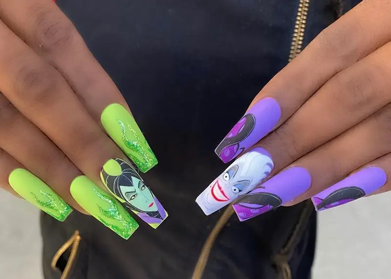 Ursula nails in purple and Maleficent nails in green.