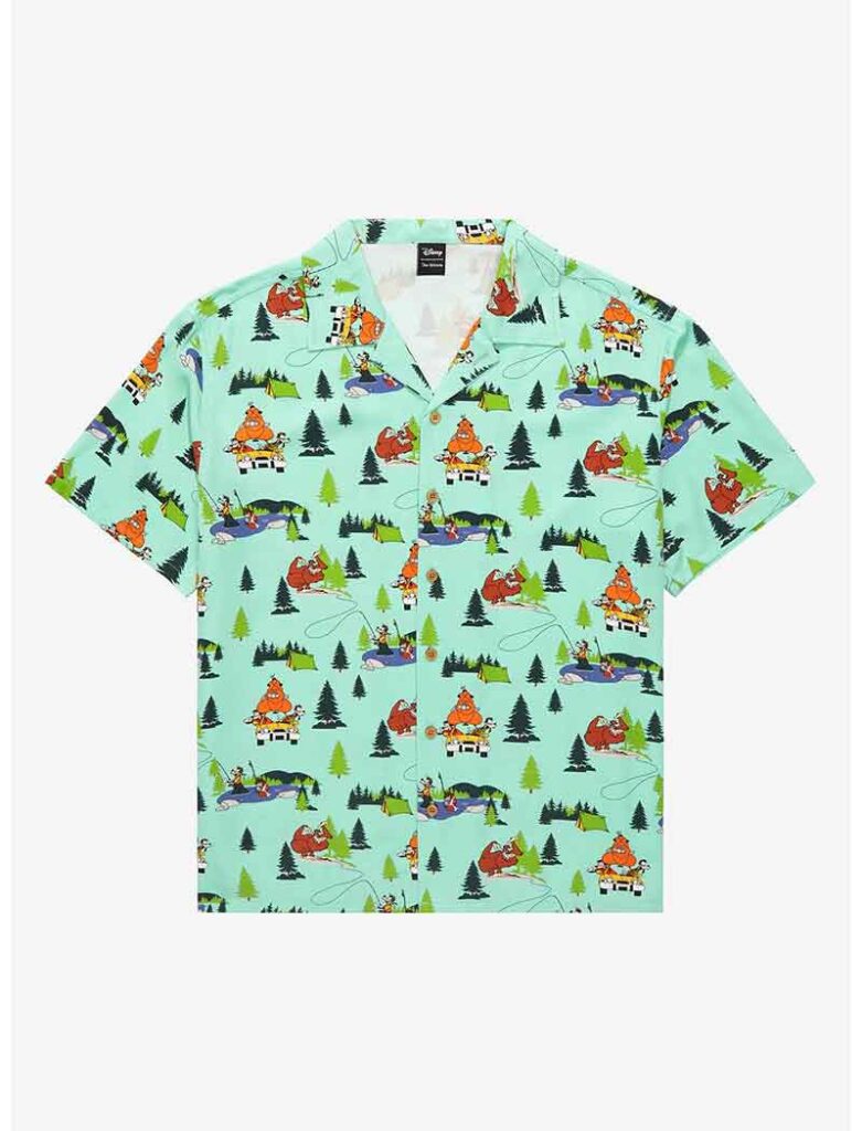 A Goofy Movie button up shirt for men with camping print