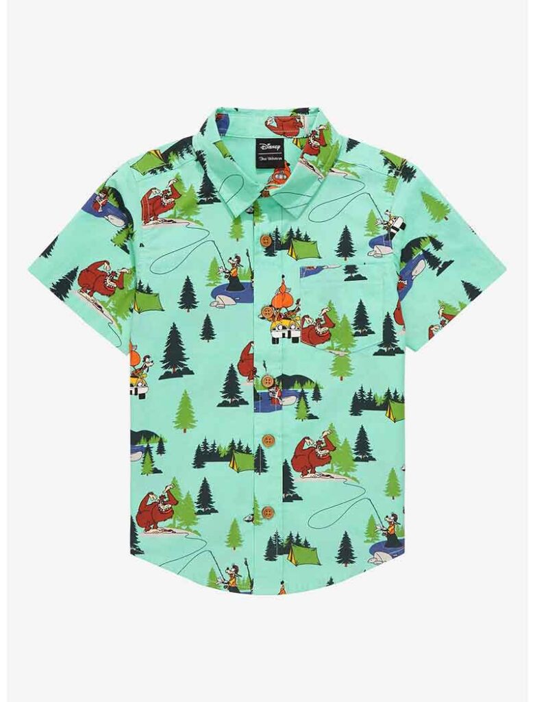 A Goofy Movie button up shirt for toddlers with camping print