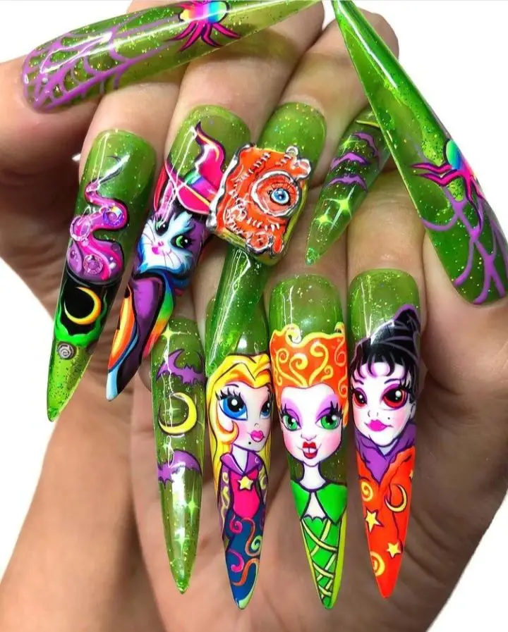 Colorful Hocus Pocus nails featuring the Sanderson Sisters.