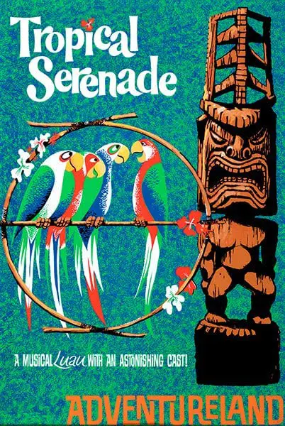 Tropical Serenade poster featuring birds and totem pole