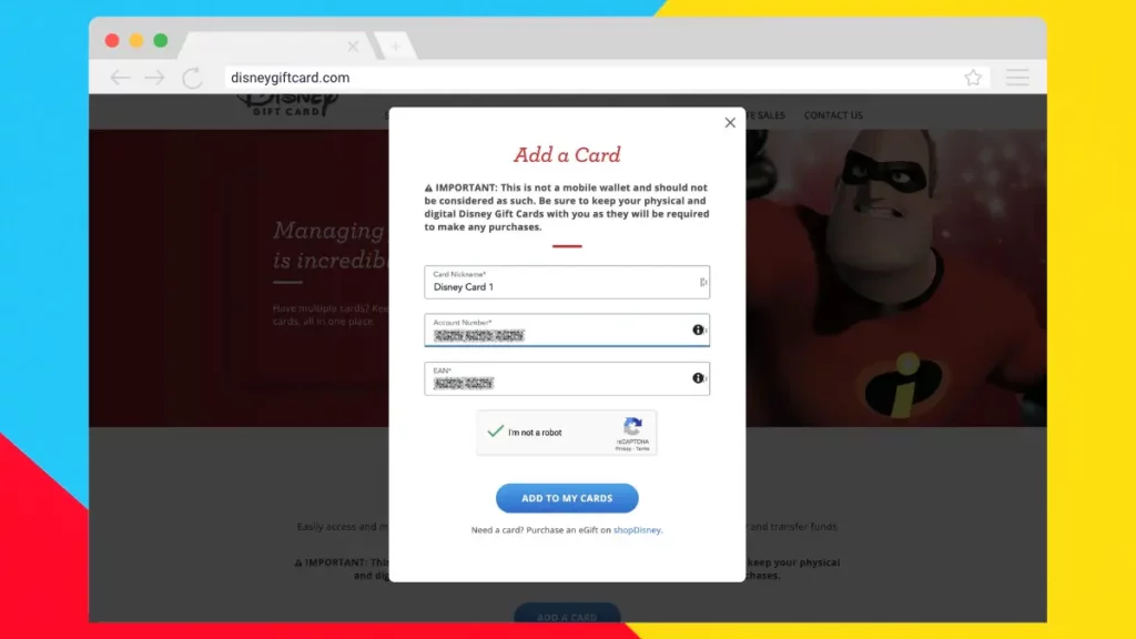 Add a Card on Disney Gift Card website