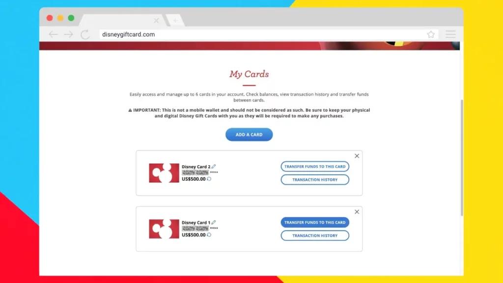Combine Disney Gift Cards by transferring funds from one gift card to another
