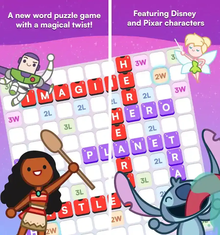 Disney SpellStruck mobile game is a word game that features Disney and Pixar characters like Moana, Buzz Lightyear, and Tinker Bell