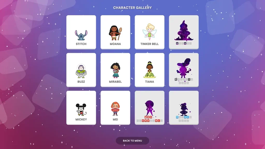 Disney SpellStruck character list: Stitch, Moana, Tinker Bell, Ursula, Buzz, Mirabel, Tiana, Captain Hook, Mickey, Mei, Mrs. Incredible, and Donald Duck