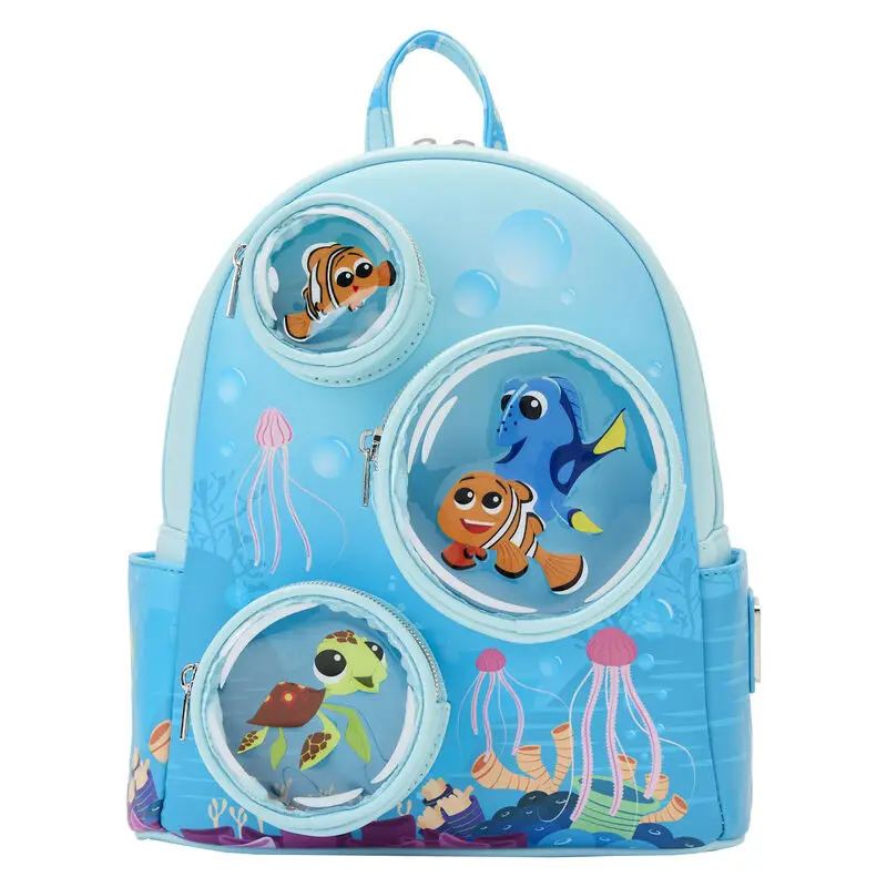 Loungefly Finding Nemo backpack with Nemo, Marlin, Dory, and Squirt in bubbles