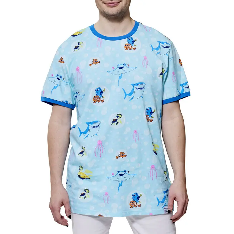 Finding Nemo all-over print shirt featuring Bruce, Crush, Squirt, Nemo, Mr. Ray, and Dory