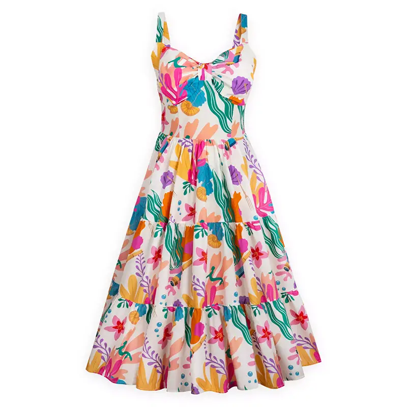 Sundress inspired by Disney's The Little Mermaid 2023 featuring bright vivid colors and a bold pattern