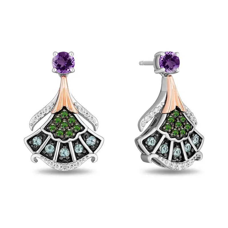 The Little Mermaid Ariel mermaid tail earrings with diamonds, amethysts, blue topaz, and green tourmaline