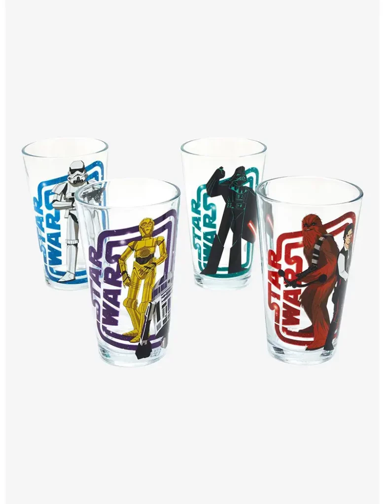 Star Wars pint glasses with Darth Vader, C-3PO, R2-D2, Han Solo, Chewbacca, and a Stormtrooper
