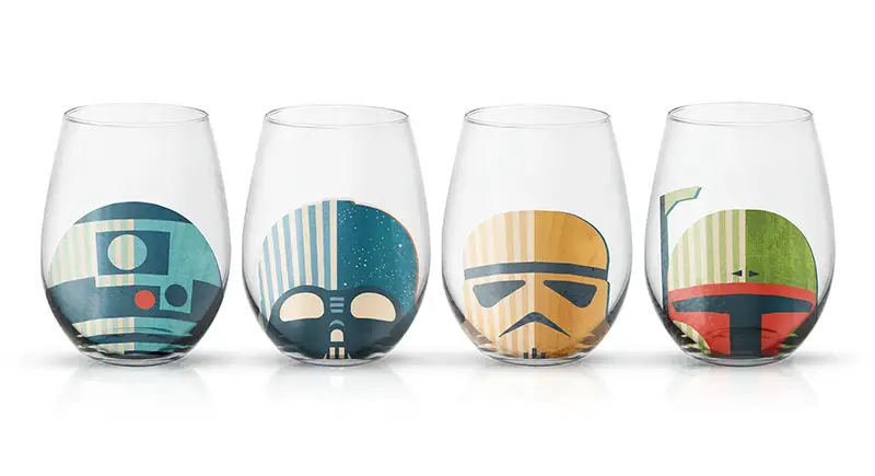 Star Wars stemless glasses featuring modern colorful designs for R2-D2, Darth Vader, Stormtrooper, and Boba Fett
