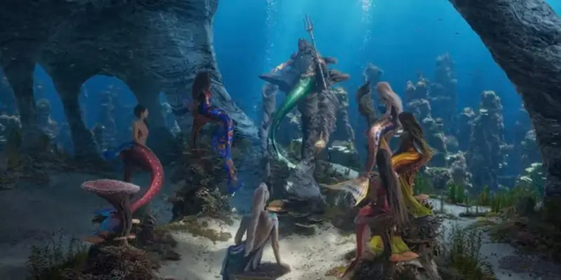 Live action The Little Mermaid scene with Ariel’a mermaid sisters under the sea. 
