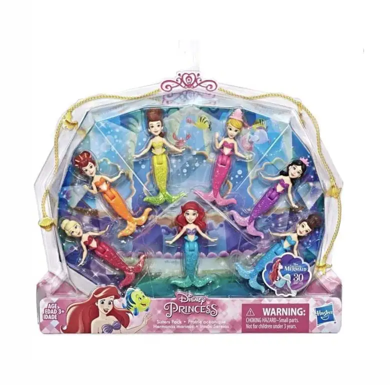 Disney Princess doll set featuring Ariel, Attina, Aquata, Andrina, Adella, Arista, and Alana. 