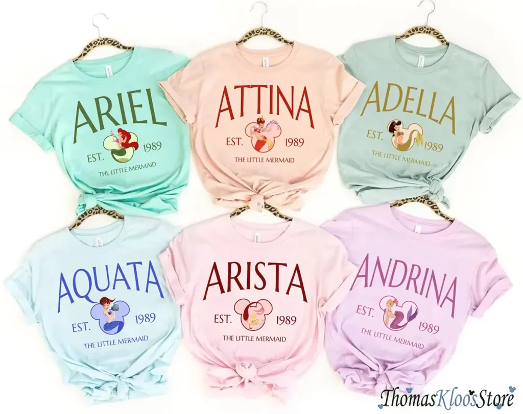 Ariel, Attina, Adella, Aquata, Arista, Andrina shirts in pastel colors. 