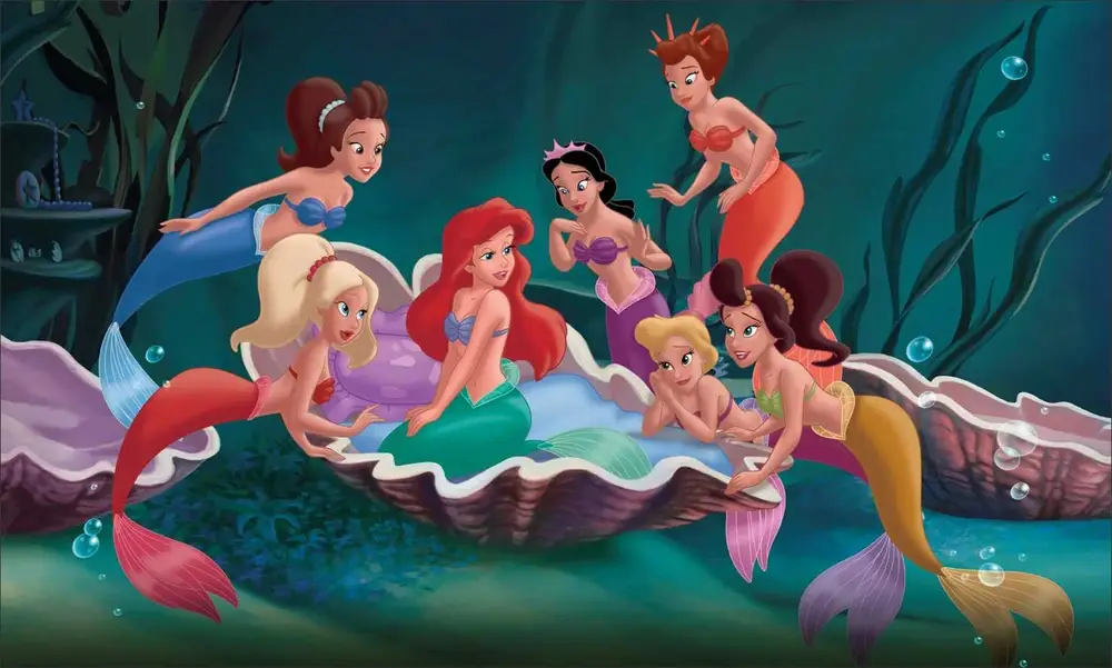 Ariel sits in an underwater seashell surrounded her mermaid sisters. 