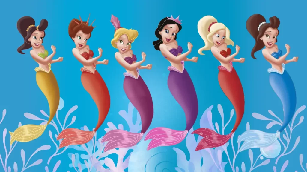 Ariels’s sisters, Attina, Andrina, Aquata, Arista, Adela, and Alana against blue background with coral motif.
