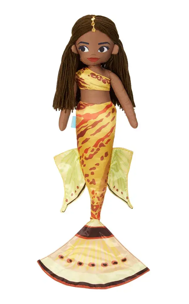 Indira plush doll with brown hair and yellow mermaid tail.