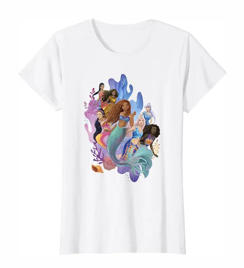 Shirt with Ariel and her sisters watercolor style graphic print.