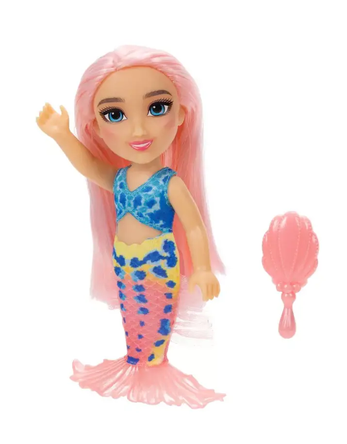 Caspia doll with pink hair and pink mermaid tail with blue spots. 
