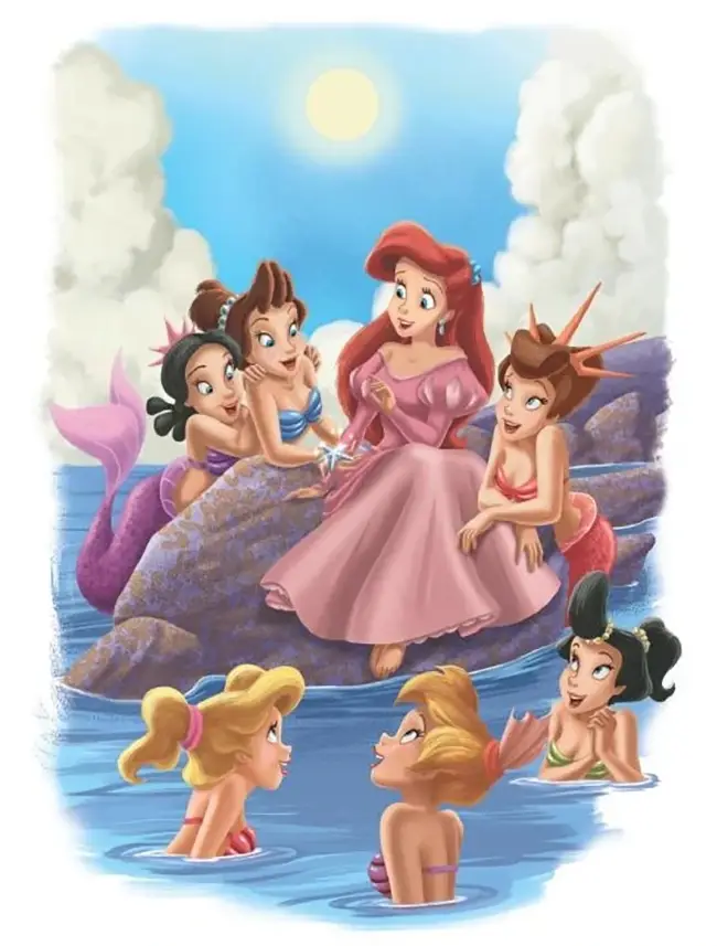 Human Ariel, wearing a pink dress, sits on a rock surrounded by her mermaid sisters.
