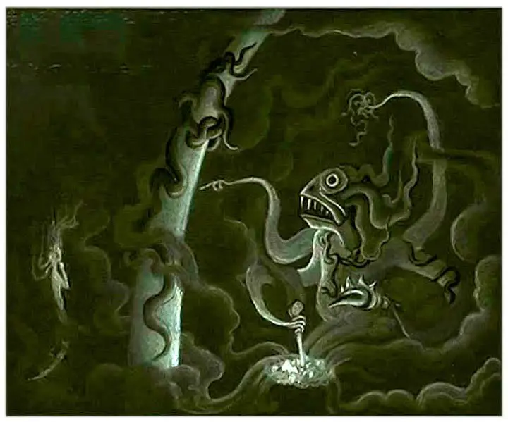 Concept art for The Little Mermaid by Kay Nielsen showing a sea creature in the dark, murky waters. 