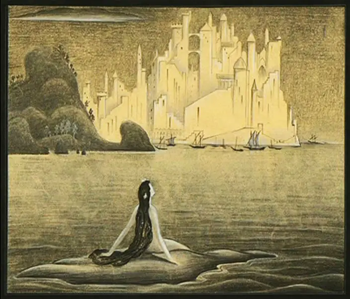 Concept art for The Little Mermaid by Kay Nielsen showing the mermaid sitting on a small rock in the middle of the sea as she gazes at a large castle in the distance.
