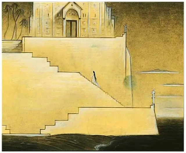 Concept art for The Little Mermaid by Kay Nielsen in golden hues showing a woman walking up stairs to a castle.  