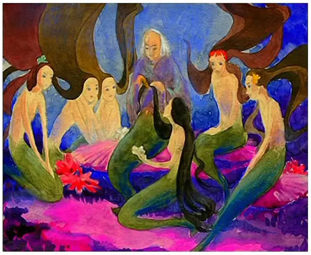 Concept art for The Little Mermaid by Kay Nielsen showing the little mermaid and her sisters.