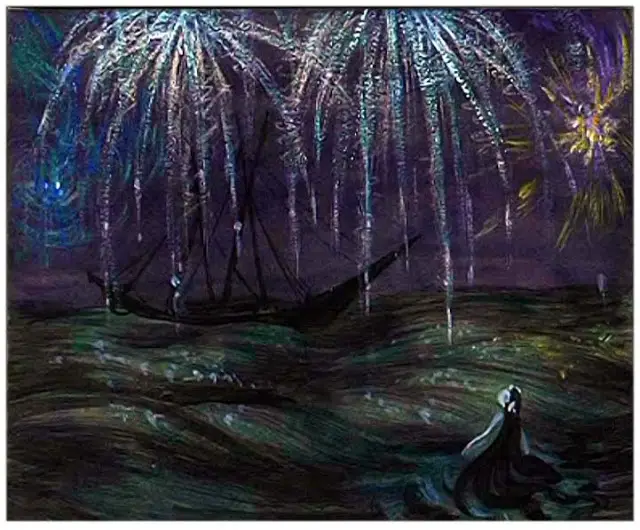 Concept art for The Little Mermaid by Kay Nielsen showing the mermaid above water gazing skyward at fireworks in the night sky. 