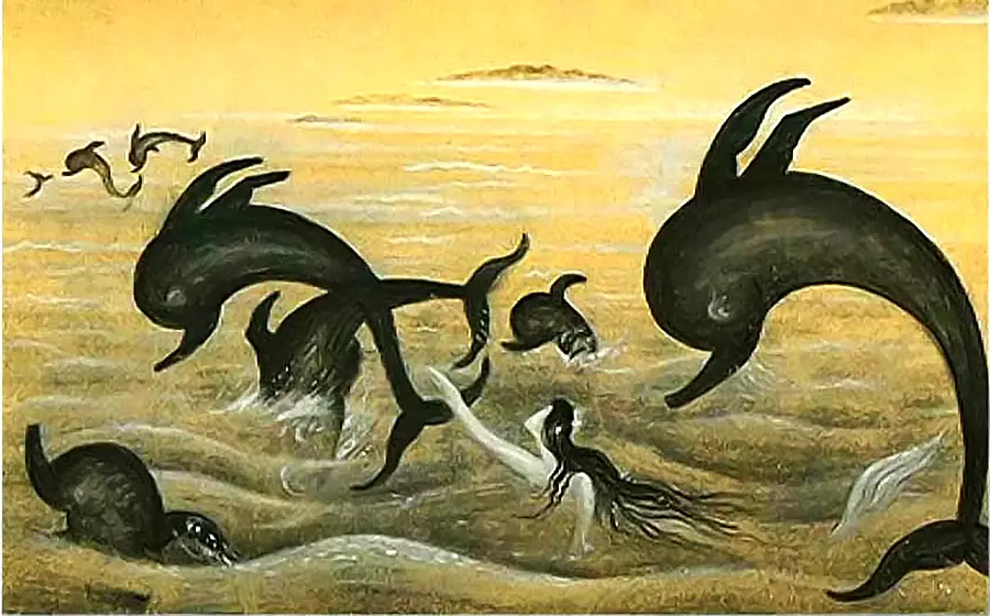 Concept art for The Little Mermaid by Kay Nielsen showing the little mermaid in the water with sea creatures breeching the surface. 