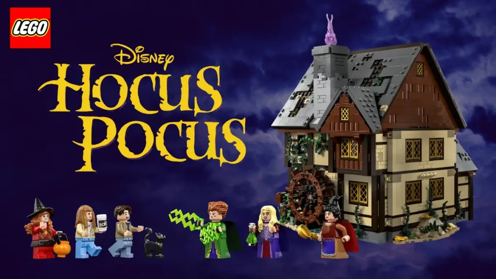 LEGO Ideas Disney Hocus Pocus: The Sanderson Sisters’ Cottage set featuring the minifigures for Winifred Sanderson, Sarah Sanderson, Mary Sanderson, Max, Danni, Allison, and the black cat Thackery Binx.