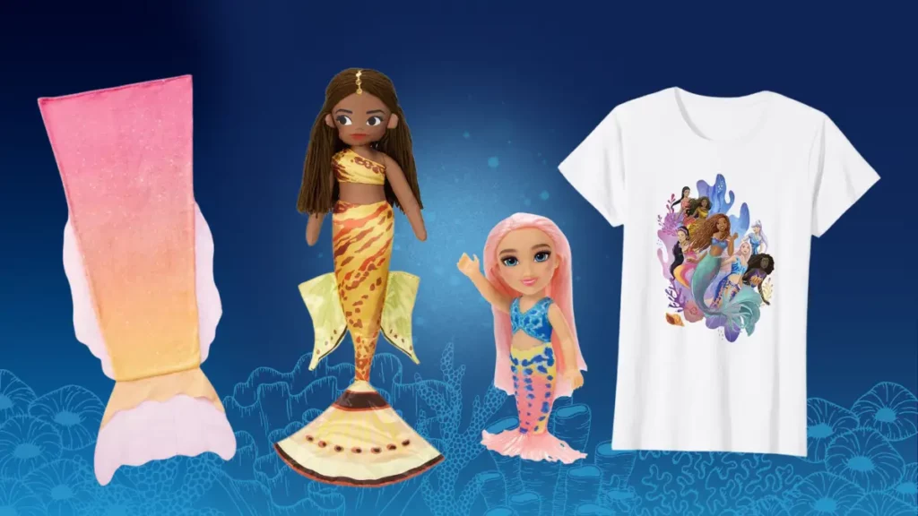 Merchandise for The Little Mermaid that features Ariel’s sisters: an ombré pink mermaid tail blanket that looks like Mala’s tail, and Indira stuffed doll, a Caspia toy doll, and a shirt with a graphic print of Ariel and her six mermaid sisters.
