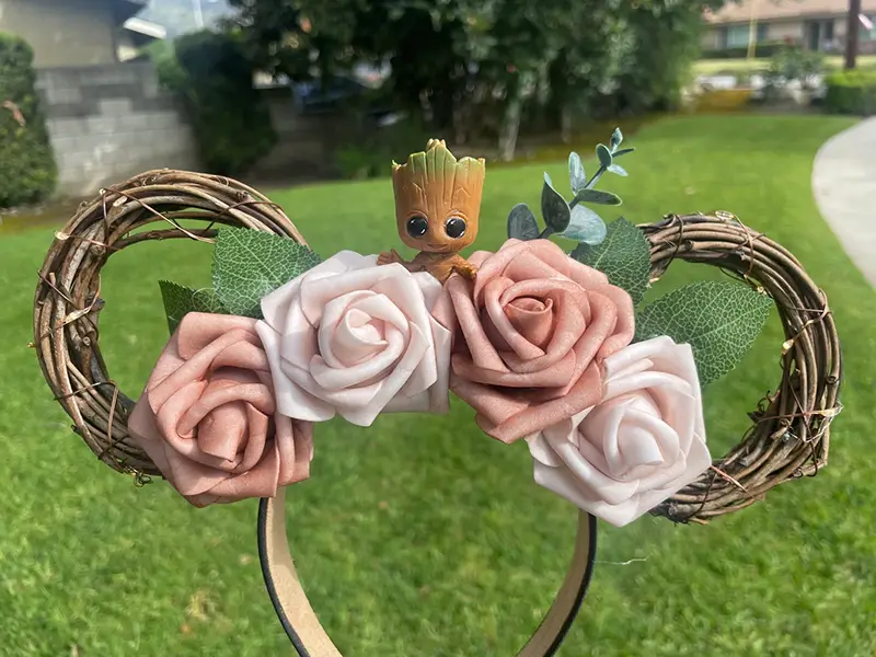 Groot Mickey ears with floral crown attached