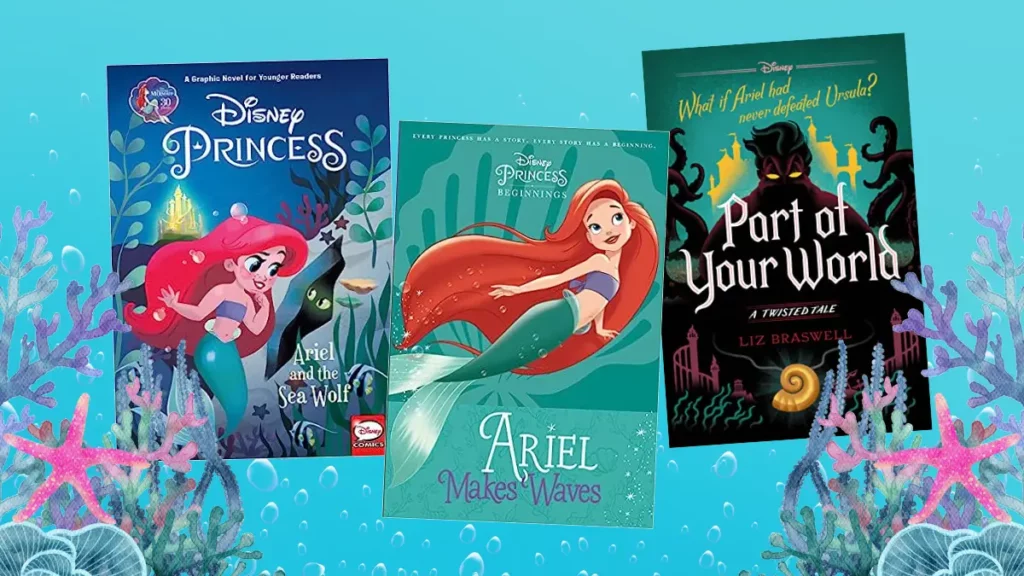 The Little Mermaid book covers featuring different stories about Ariel, Ursula, and others. 