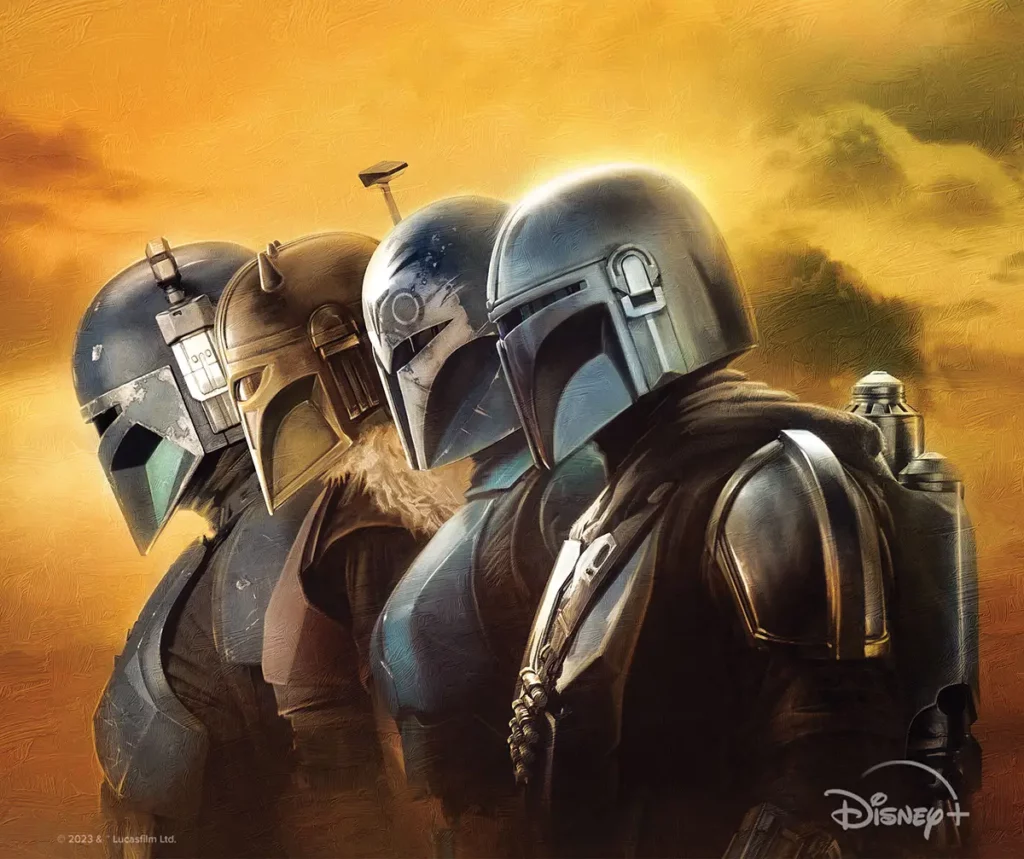 Part of a promotional poster for The Mandalorian on Disney+ featuring The Mandalorian, Bo-Katan, The Armorer, and Paz Vizsla. 