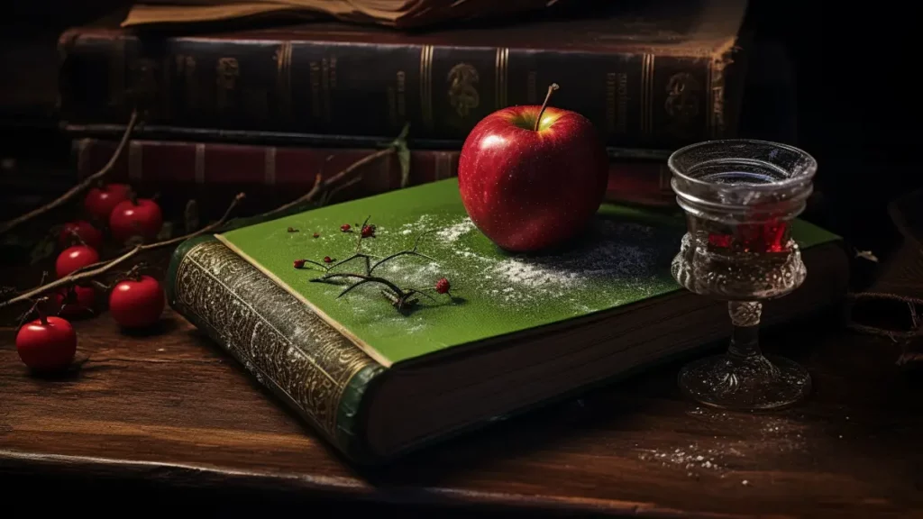 Snow White poison apple on top of storybook.