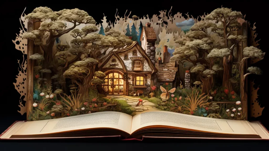 Storybook pop up book in the style of Snow White in the Seven Dwarfs