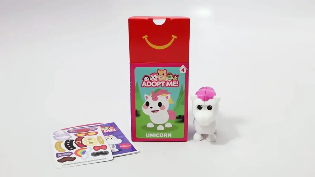 Adopt Me! Unicorn Happy Meal toy with box and stickers