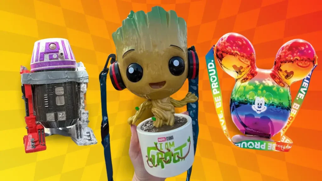 Star Wars droid popcorn bucket, Groot popcorn bucket, and Disney Mickey ears Pride popcorn bucket