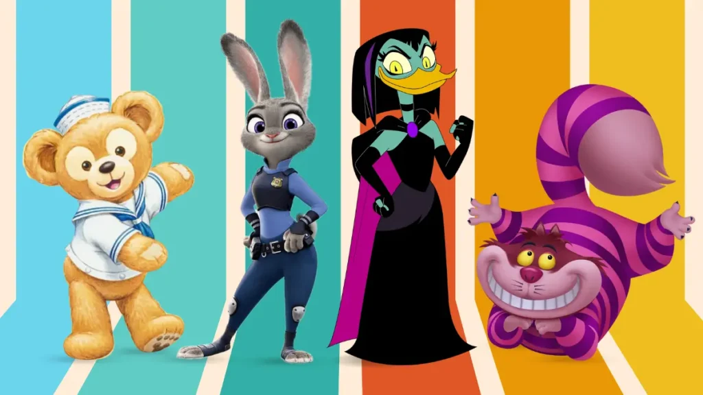 DIsney animal characters featuring Duffy bear, Judy Hopps, Magica de Spell, and Cheshire Cat