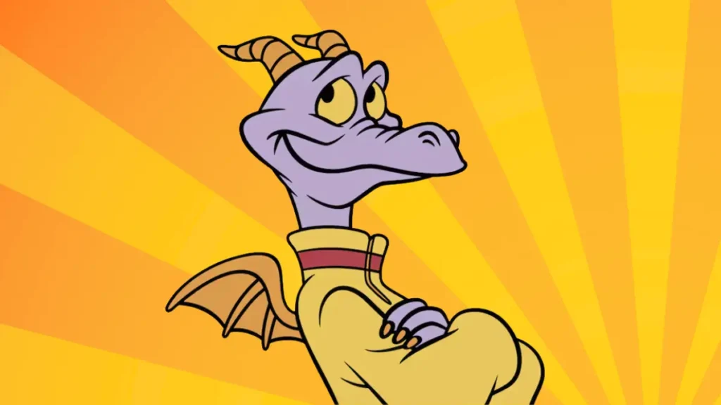 Figment the purple dragon from Epcot wearing a yellow sweater