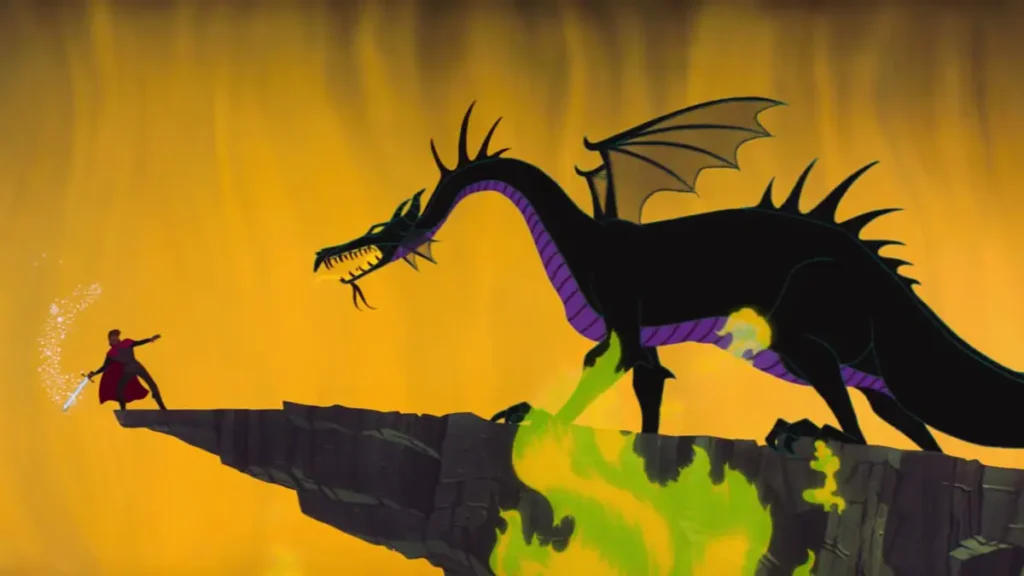 Maleficent in dragon form battling against the prince