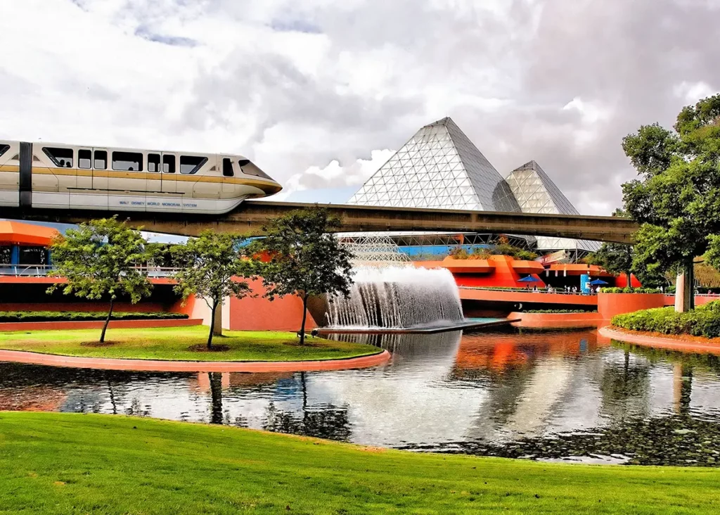 Imagination pavilion at Epcot with monorail passing by